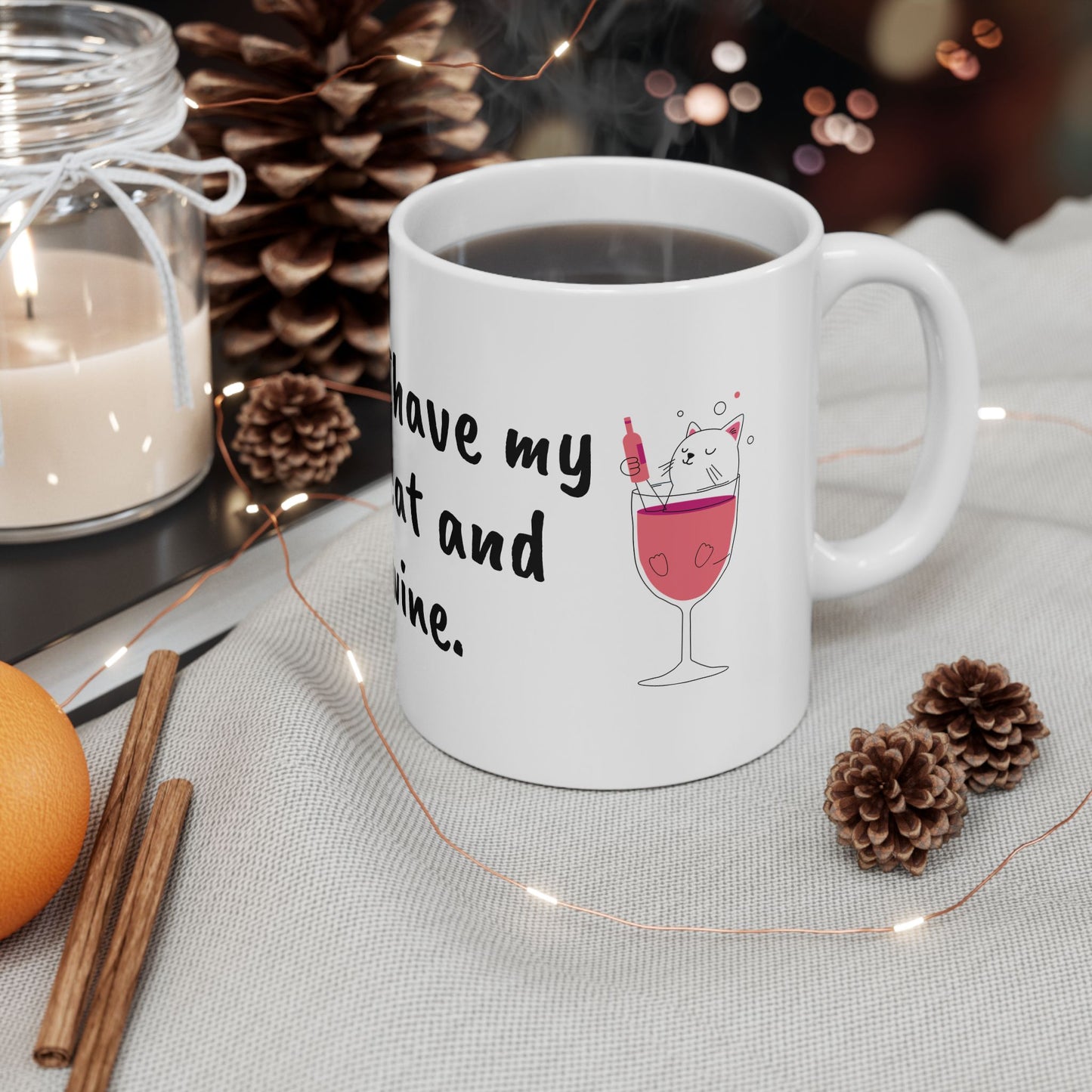 Whimsical Cat & Wine Ceramic Mug