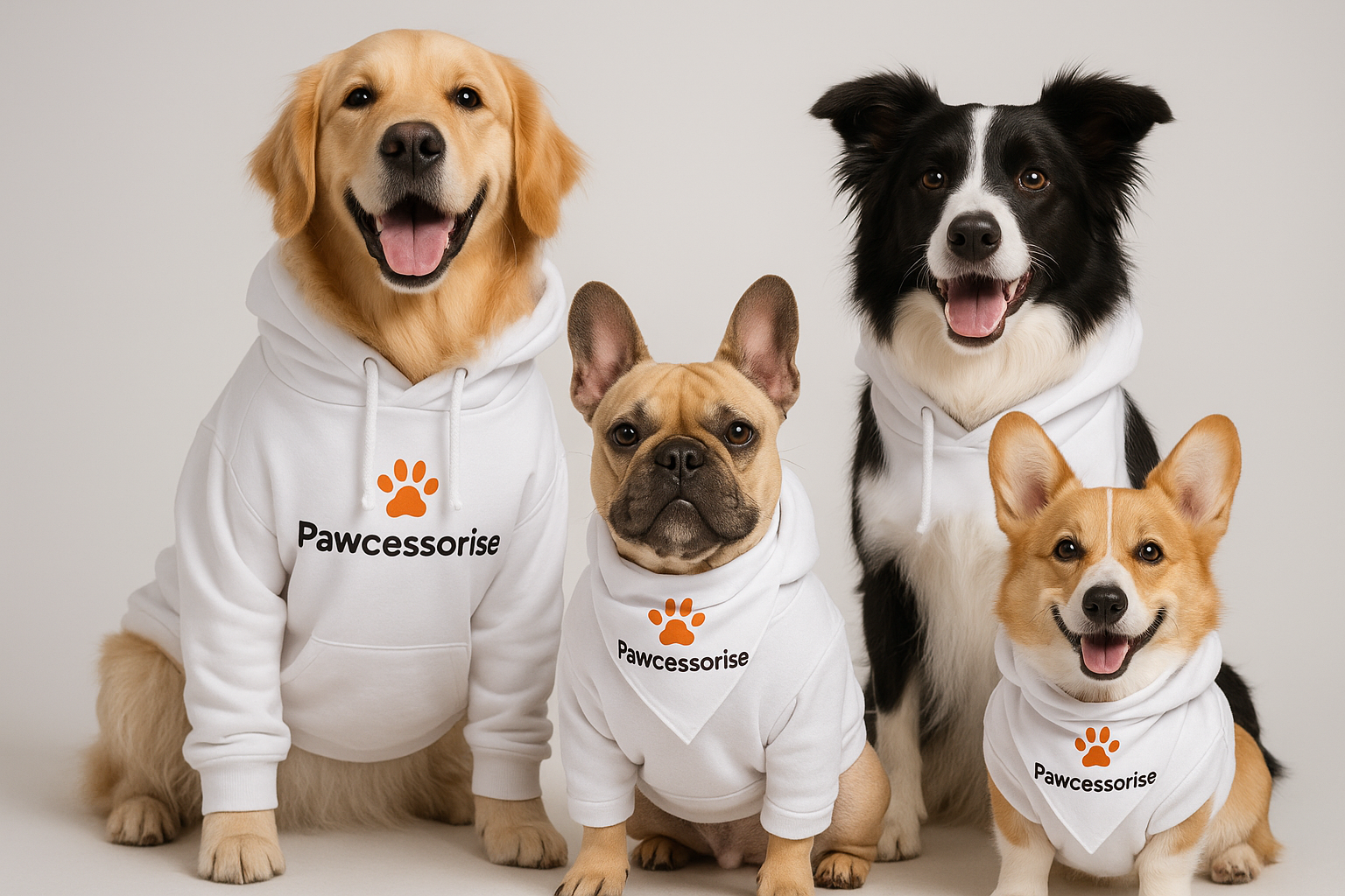 group of dogs wearing white hoodies or bandanas with a logo for pawcessorise